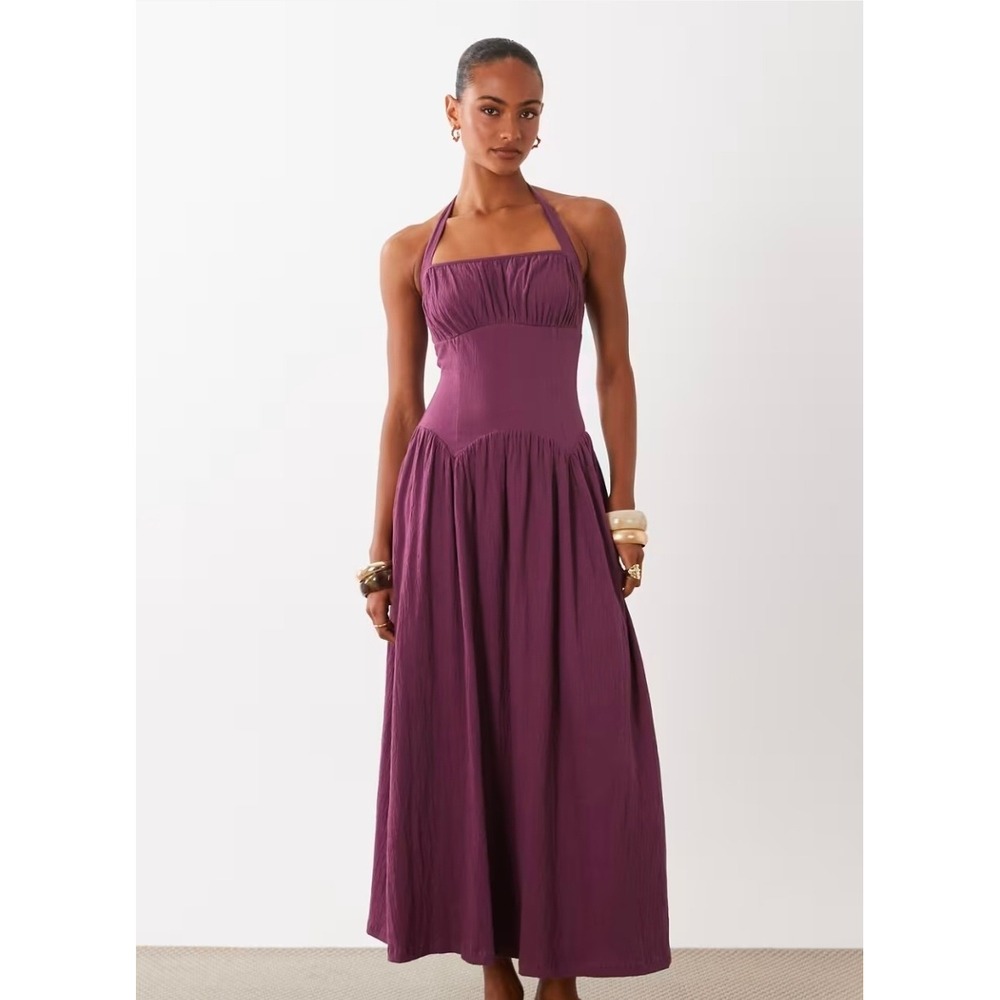 ASOS DESIGN Sweetheart Halter Neck Shirred Midaxi Dress Purple US 14 Womens Boho
